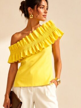 Ted Baker Mitzy One Shoulder/Off Shoulder Ruffle Cotton Top Yellow Sz 8